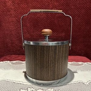Atapco MCM Faux Wood Grain Vinyl Chrome Ice Bucket Barware Mid Century Vintage